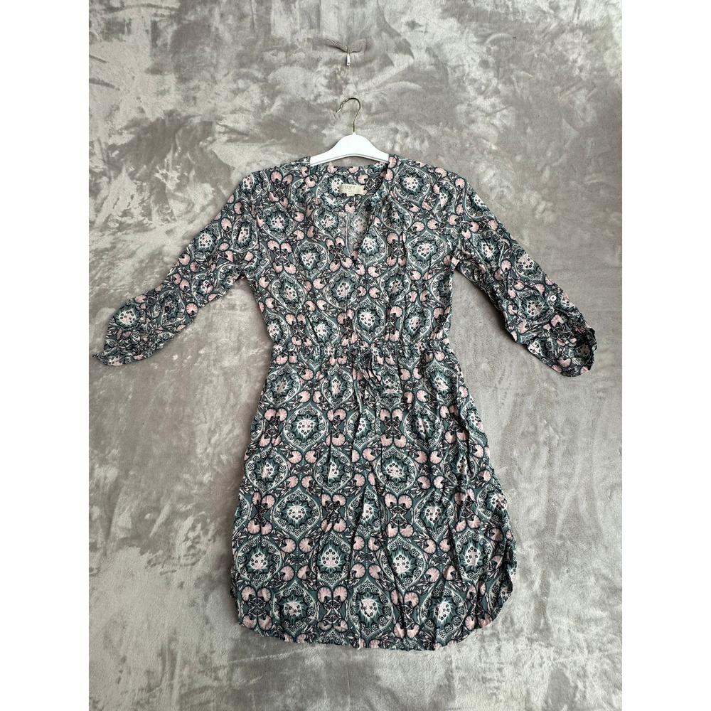 LOFT Petite Dress Floral Print Green Pink Black 3/4‎ Sleeve Cinched Waist S